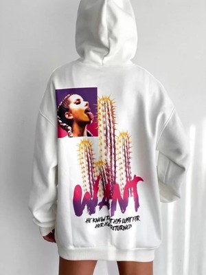 Efnaz Style Baskılı Üç Iplik Kapüşonlu Oversize Sweatshirt - Beyaz