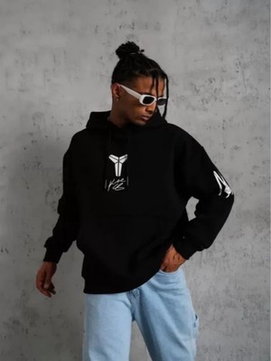 Efnaz Style Unisex Sırt Baskılı Kapüşonlu Üç Iplik Oversize Sweatshirt - Siyah