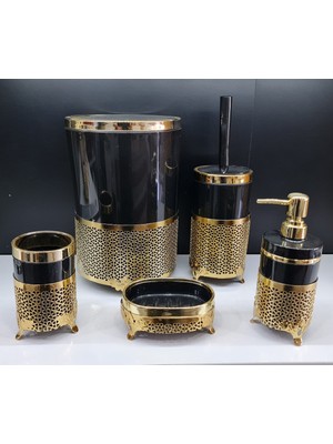 PremiumPort Şık 5 Parça Yuvarlak Akrilik Ferforje Banyo Seti Siyah Gold