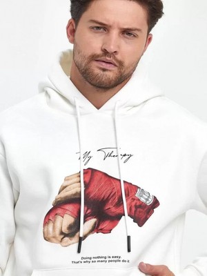 Efnaz Style Unisex Kapüşonlu Üç Iplik Oversize Baskılı Sweatshirt - Beyaz