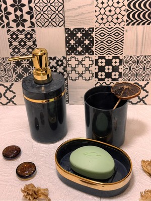 PremiumPort Şık Gri ve Gold Detaylı 3'lü Banyo Seti, Evinize Zarif Dokunuş