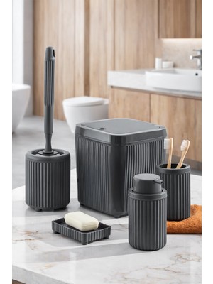 PremiumPort Gri 5 Parça Banyo Seti: Çöp Kovası, Sabunluk, Diş Fırçalığı, Silikon Wc Fırçası