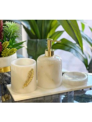 PremiumPort Beyaz Mermer Banyo Seti, 4 Parça, Gold Yaprak Detaylı, Şık ve Zarif Tasarım
