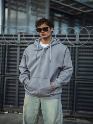 Efnaz Style Oversize Tam Fermuarlı Uzun Kol Hırka - Gri