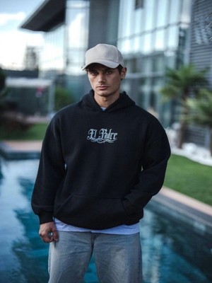 Efnaz Style Üç Iplik Penye Kapşonlu Baskılı Sweatshirt - Siyah