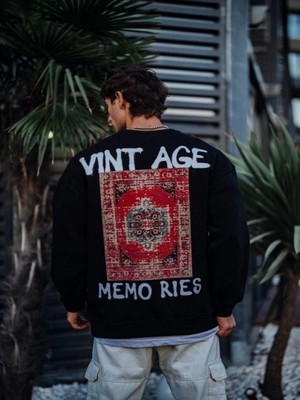 Efnaz Style Oversize Bisiklet Yaka Üç Iplik Baskılı Sweatshirt - Siyah