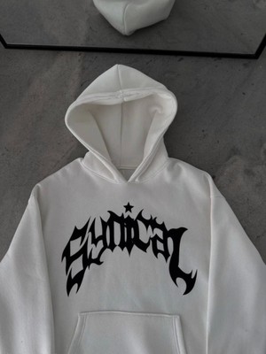 Efnaz Style Kışlık Kapşonlu Baskılı Oversize Sweatshirt- Beyaz