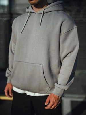 Efnaz Style Üç Iplik Penye Kapşonlu Basic Sweatshirt - Boyalı Gri