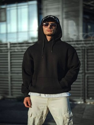 Efnaz Style Üç Iplik Penye Kapşonlu Basic Sweatshirt - Siyah