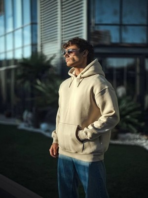 Efnaz Style Üç Iplik Penye Kapşonlu Basic Sweatshirt - Bej