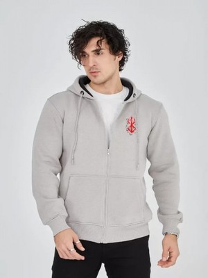 Efnaz Style Unisex Baskılı Tam Fermuarlı Kapşonlu Sweatshirt - Boyalı Gri