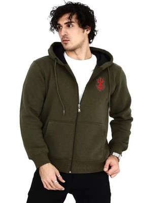 Efnaz Style Unisex Baskılı Tam Fermuarlı Kapşonlu Sweatshirt - Haki