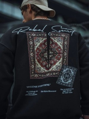 Efnaz Style Uzun Kol Bisiklet Yaka Baskılı Sweatshirt - Siyah