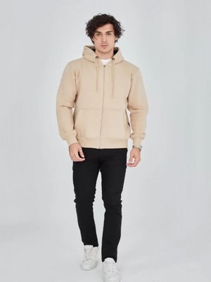 Efnaz Style Unisex Tam Fermuarlı Kapşonlu  Sweatshirt - Bej