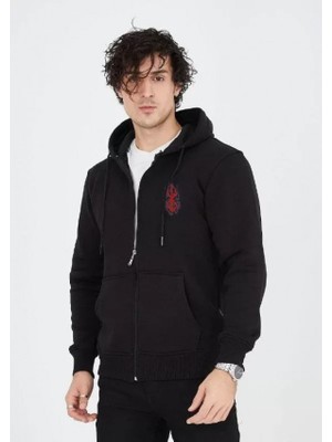Efnaz Style Unisex Baskılı Tam Fermuarlı Kapşonlu Sweatshirt - Siyah