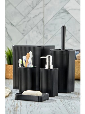 PremiumPort Şık Siyah Kare Çizgi Desenli 5'li Banyo Seti, Gold Detaylı