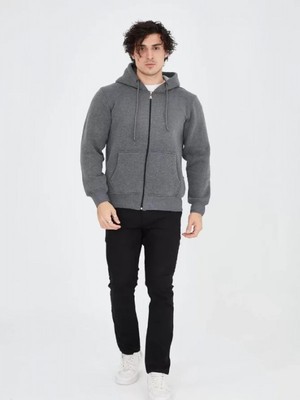 Efnaz Style Unisex Tam Fermuarlı Kapşonlu  Sweatshirt - Füme