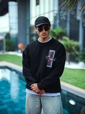 Efnaz Style Uzun Kol Bisiklet Yaka Ön ve Arka Baskılı Sweatshirt - Siyah