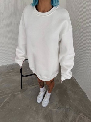 Efnaz Style Kışlık Bisiklet Yaka Üç Iplik Basic Sweatshirt - Beyaz