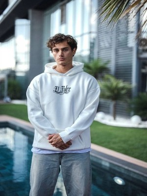 Efnaz Style Üç Iplik Penye Kapşonlu Baskılı Sweatshirt - Beyaz
