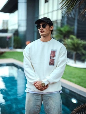 Efnaz Style Uzun Kol Bisiklet Yaka Ön ve Arka Baskılı Sweatshirt - Beyaz