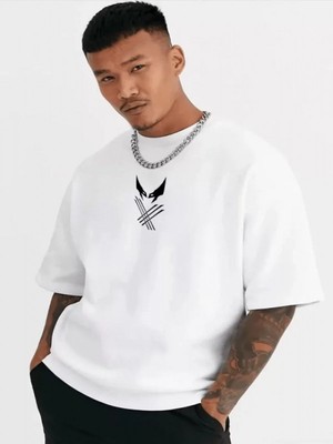 Efnaz Style Unisex Bisiklet Yaka Baskılı Oversize T-Shirt - Beyaz