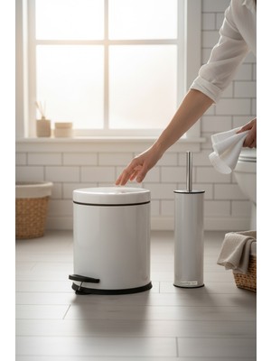 PremiumPort Beyaz Banyo Çöp Kovası ve Fırçası Seti Paslanmaz Malzeme