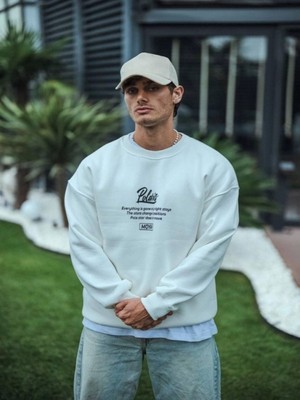 Efnaz Style Kışlık Bisiklet Yaka Ön ve Arka Baskılı Sweatshirt - Beyaz