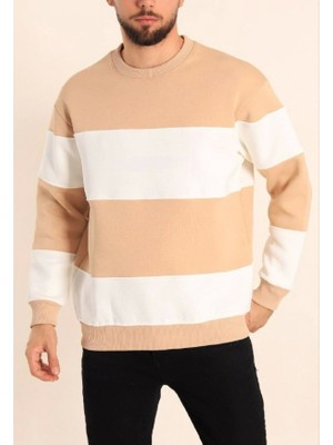 Efnaz Style Parçalı Bisiklet Yaka Baskılı Sweatshirt - Bej