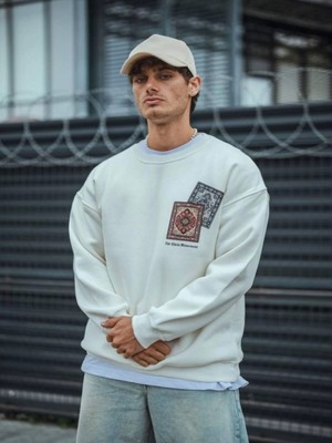 Efnaz Style Uzun Kol Bisiklet Yaka Baskılı Sweatshirt - Beyaz