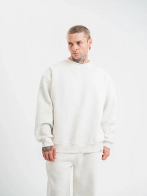 Efnaz Style Unisex Uzun Kol Bisiklet Yaka Yıkamalı Sweatshirt - Beyaz