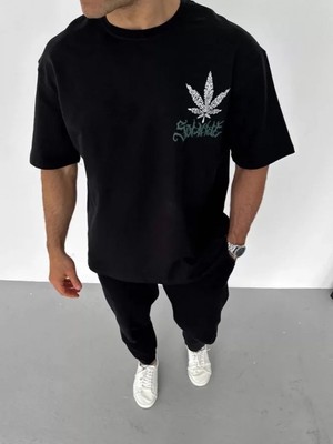 Efnaz Style Unisex Bisiklet Yaka Baskılı Oversize T-Shirt - Siyah