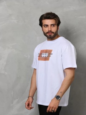Efnaz Style Unisex Bisiklet Yaka Baskılı Oversize T-Shirt - Beyaz