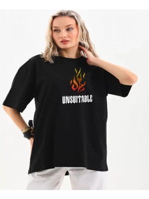 Efnaz Style Unisex Bisiklet Yaka Baskılı Oversize T-Shirt - Siyah