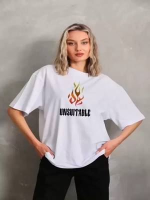 Efnaz Style Unisex Bisiklet Yaka Baskılı Oversize T-Shirt - Beyaz