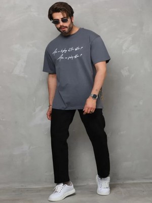 Efnaz Style Unisex Bisiklet Yaka Baskılı Oversize T-Shirt - Füme