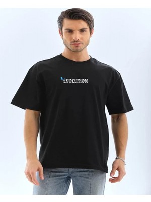 Efnaz Style Unisex Bisiklet Yaka Baskılı Oversize T-Shirt - Siyah