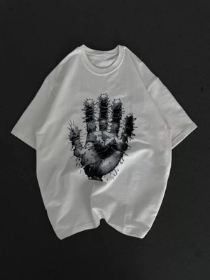 Efnaz Style Unisex Bisiklet Yaka Baskılı Oversize T-Shirt - Beyaz