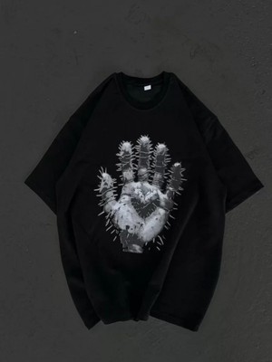 Efnaz Style Unisex Bisiklet Yaka Baskılı Oversize T-Shirt - Siyah