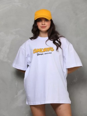 Efnaz Style Unisex Bisiklet Yaka Baskılı Oversize T-Shirt - Beyaz