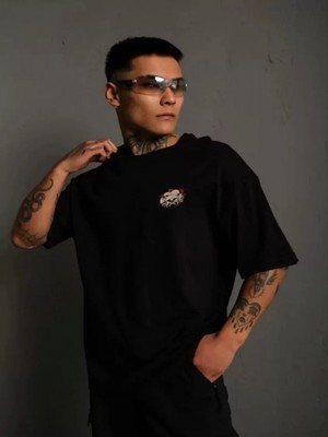 Efnaz Style Unisex Bisiklet Yaka Baskılı Oversize T-Shirt - Siyah
