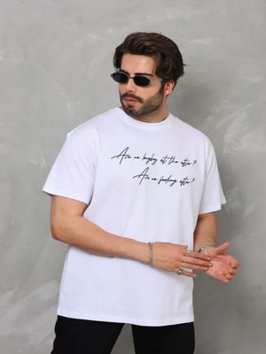 Efnaz Style Unisex Bisiklet Yaka Baskılı Oversize T-Shirt - Beyaz