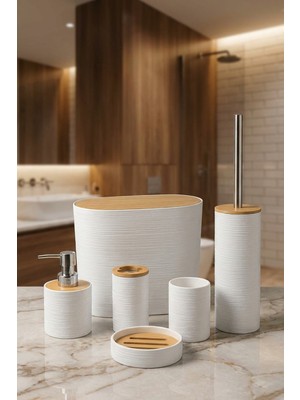 PremiumPort 6'lı Bambu Kapaklı Oval Banyo Seti, Beyaz, 8 Litre, Şık ve Pratik Tasarım