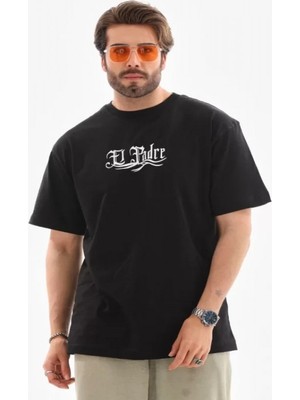 Efnaz Style Unisex Bisiklet Yaka Baskılı Oversize T-Shirt - Siyah