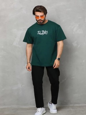 Efnaz Style Unisex Bisiklet Yaka Baskılı Oversize T-Shirt - Yeşil