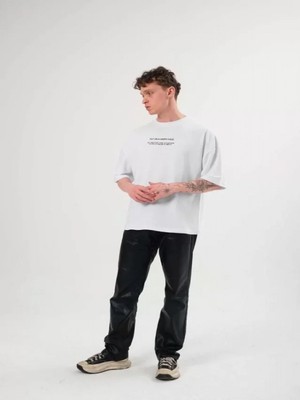 Efnaz Style Unisex Bisiklet Yaka Baskılı Oversize T-Shirt - Beyaz