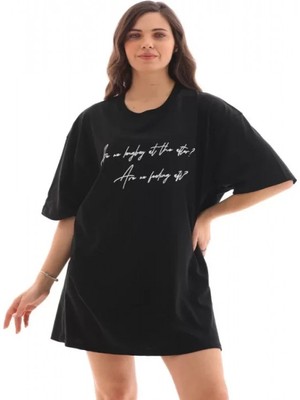 Efnaz Style Unisex Bisiklet Yaka Baskılı Oversize T-Shirt - Siyah