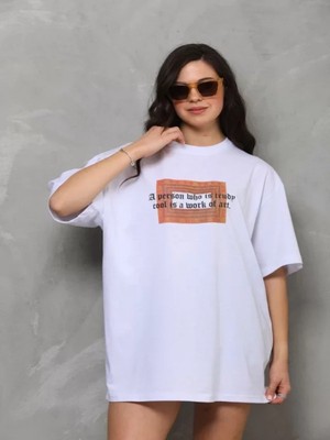Efnaz Style Unisex Bisiklet Yaka Baskılı Oversize T-Shirt - Beyaz
