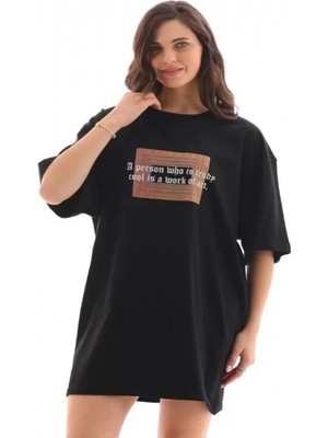 Efnaz Style Unisex Bisiklet Yaka Baskılı Oversize T-Shirt - Siyah