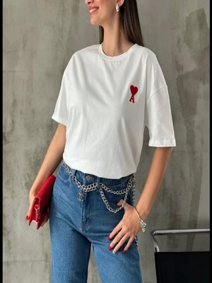 Efnaz Style Unisex Bisiklet Yaka Baskılı Oversize T-Shirt - Beyaz
